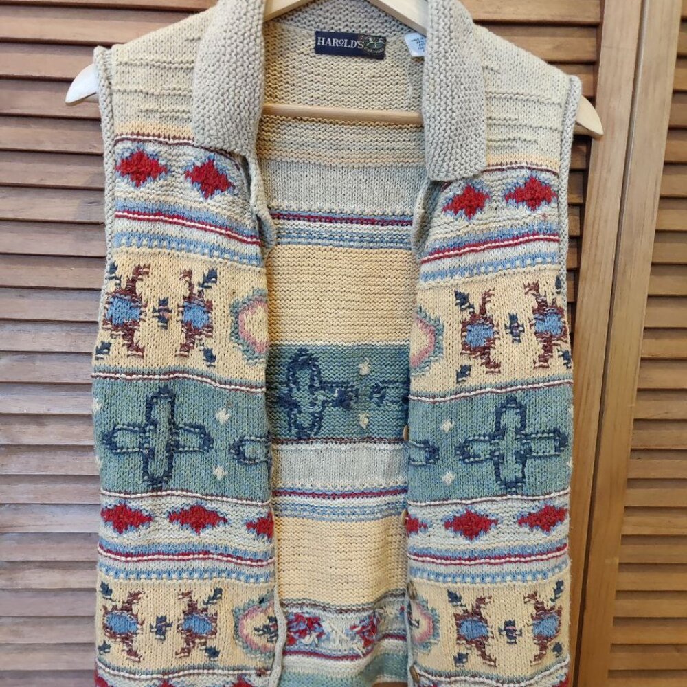 Vintage Hand Knitted Cotton/Linen Western Vest Cowgirl Ralph Lauren Style